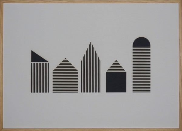 Papierkunst „Houses in black n white“ im 70x50cm Eichenholzrahmen